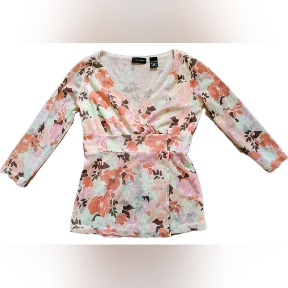 Womens Y2K Coquette Mesh Floral Faux Wrap Top Size XS Sheer Pastel Feminine